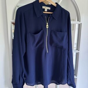 Michael Kors Blue Long Sleeve Polo Collar Blouse